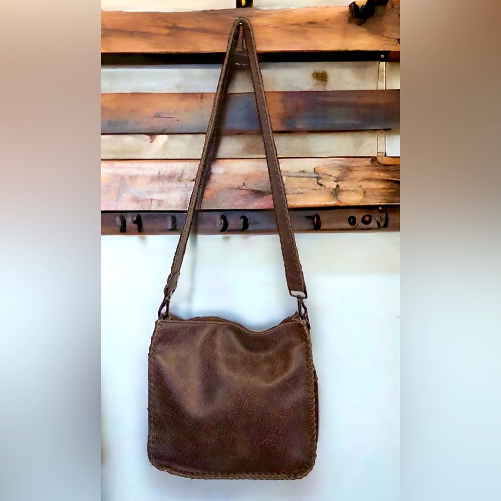 ❤️ Antik Kraft Brown Vegan Leather Whipstitch Tassel Crossbody Hobo Tote